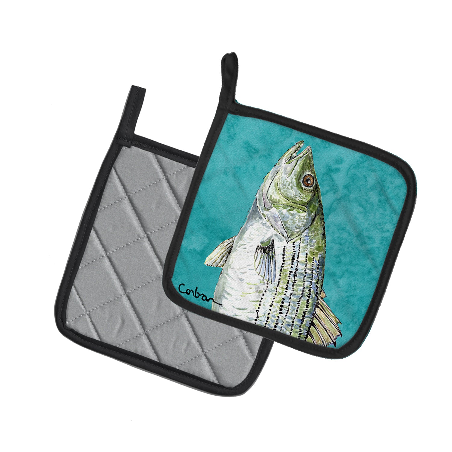 Caroline's Treasures Striped Bass Fish Pot Holders - Set of 2 Decorative Kitchen Helpers | Made in the USA 8720PTHD