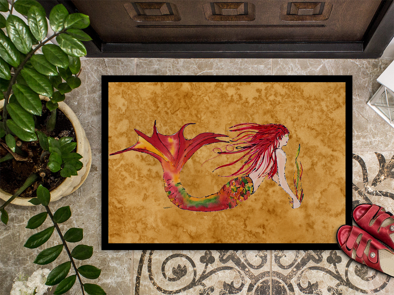 Caroline's Treasures Ginger Red Headed Mermaid on Gold Doormat - 24x36 Decorative Floor Mat – Indoor/Outdoor Rug