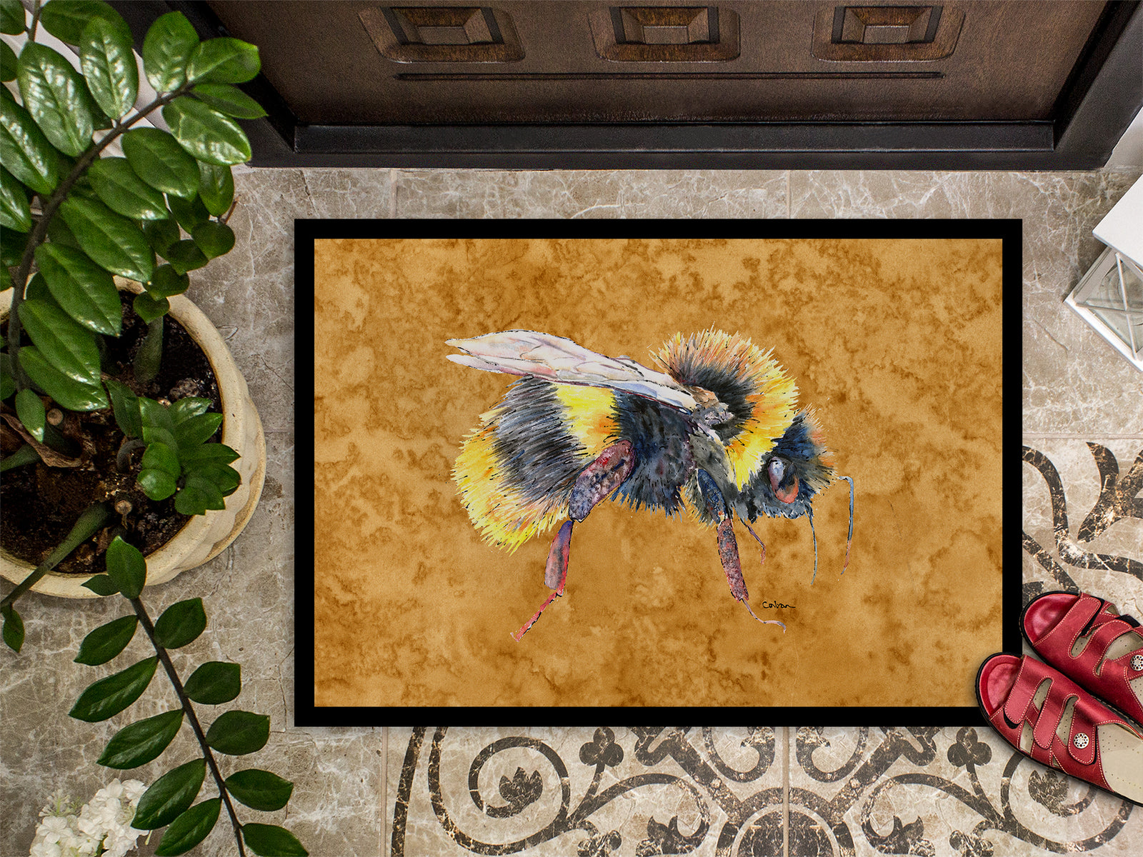 Caroline's Treasures Bee on Gold Doormat - 24x36 Decorative Floor Mat – Indoor/Outdoor Rug
