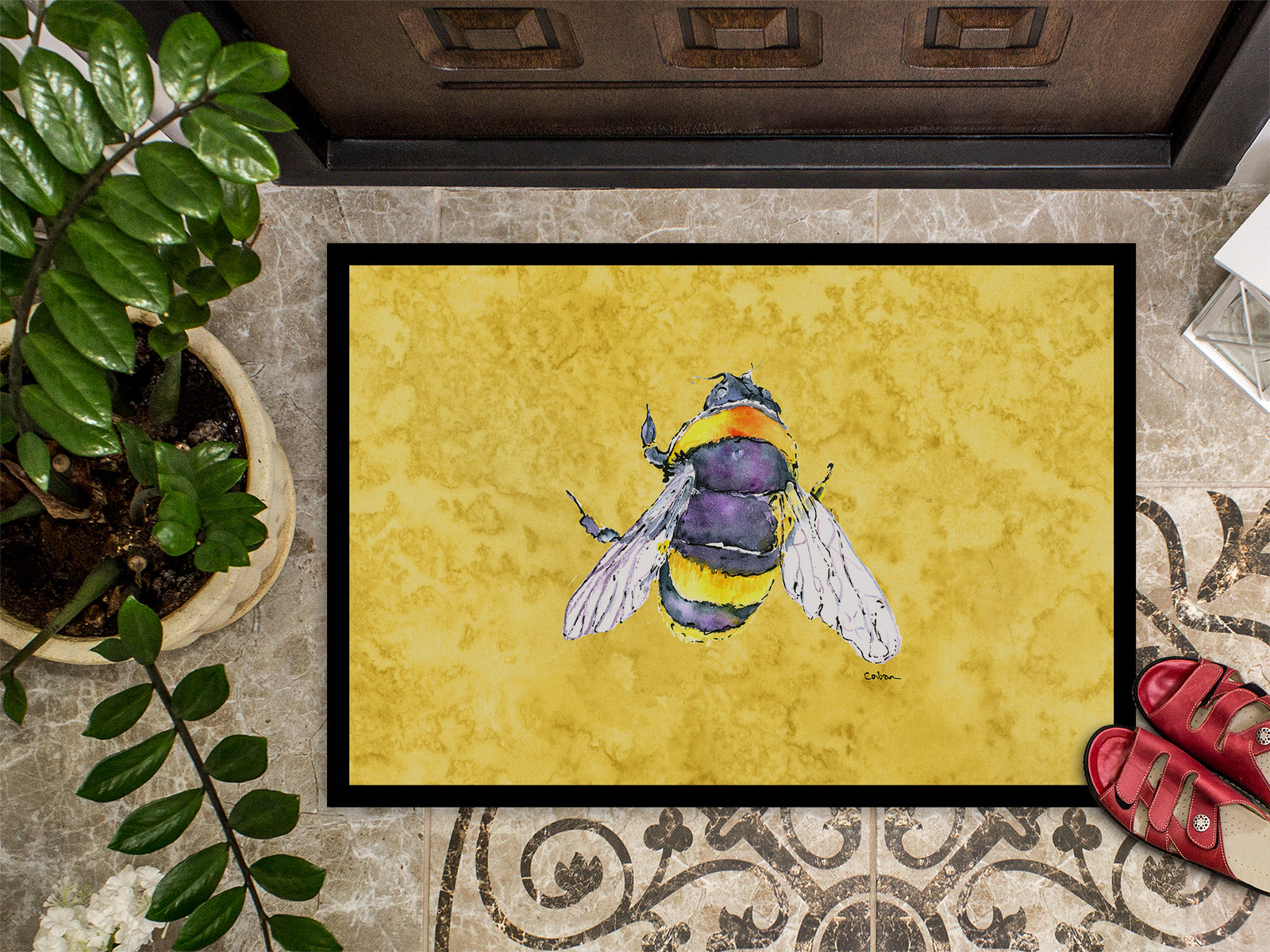 Caroline's Treasures Bee on Yellow Doormat - 24x36 Decorative Floor Mat – Indoor/Outdoor Rug