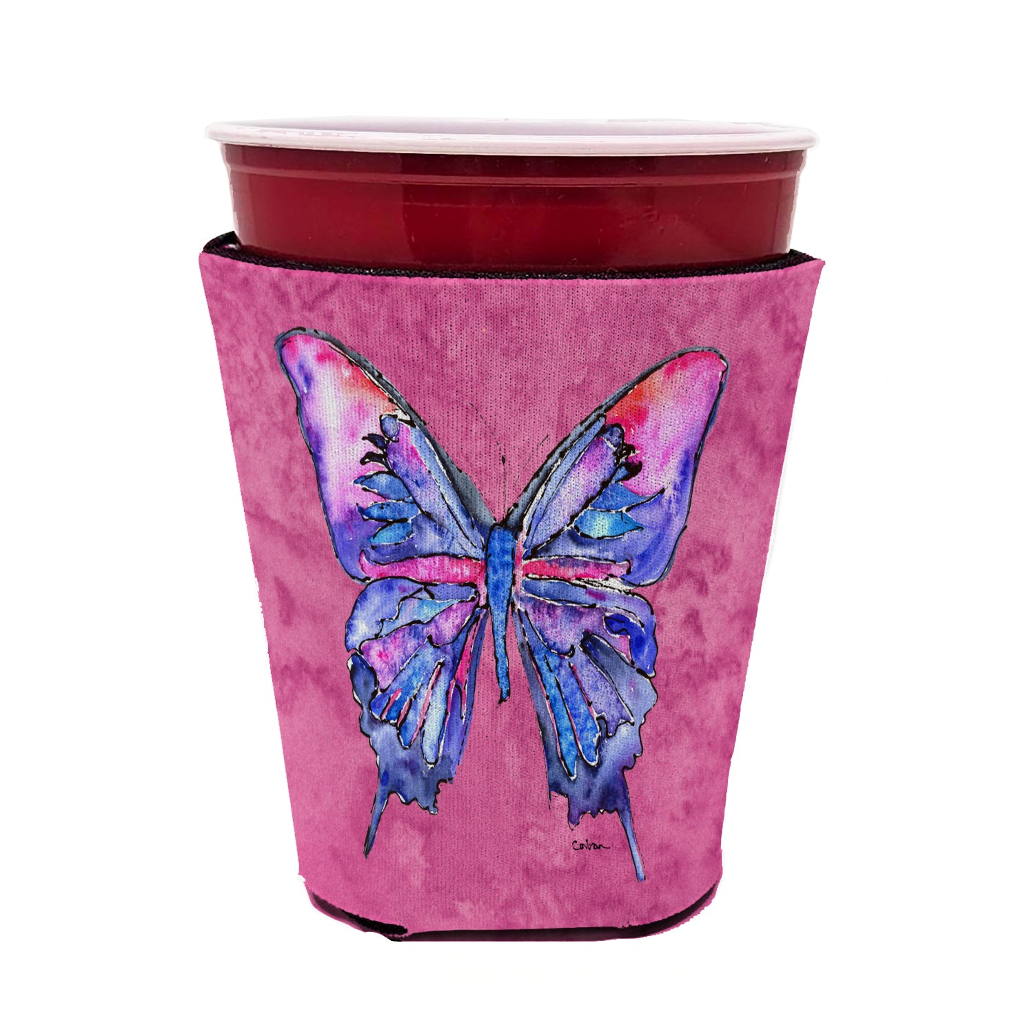 Caroline's Treasures Butterfly on Pink Red Cup Hugger Sleeve for 16–22 oz Party Cups, Insulated Foam Drink Holder for Iced Coffee, Tailgate & BBQ Reusable