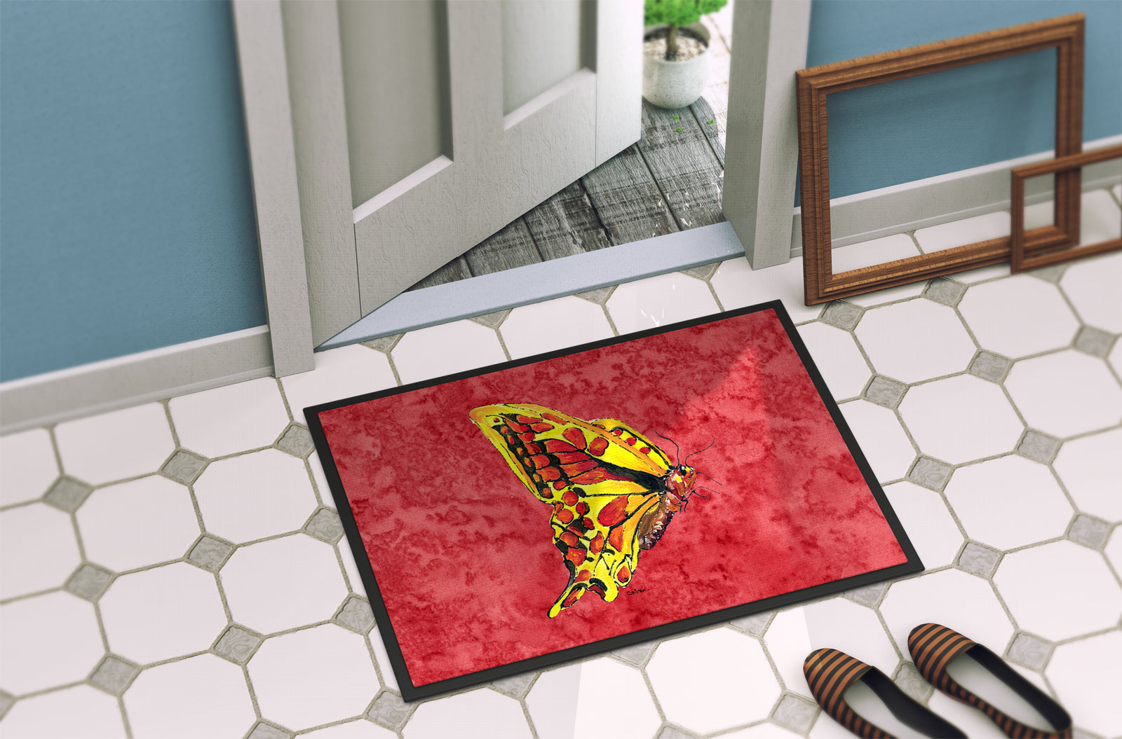 Caroline's Treasures Butterfly on Red Doormat - 24x36 Decorative Floor Mat – Indoor/Outdoor Rug