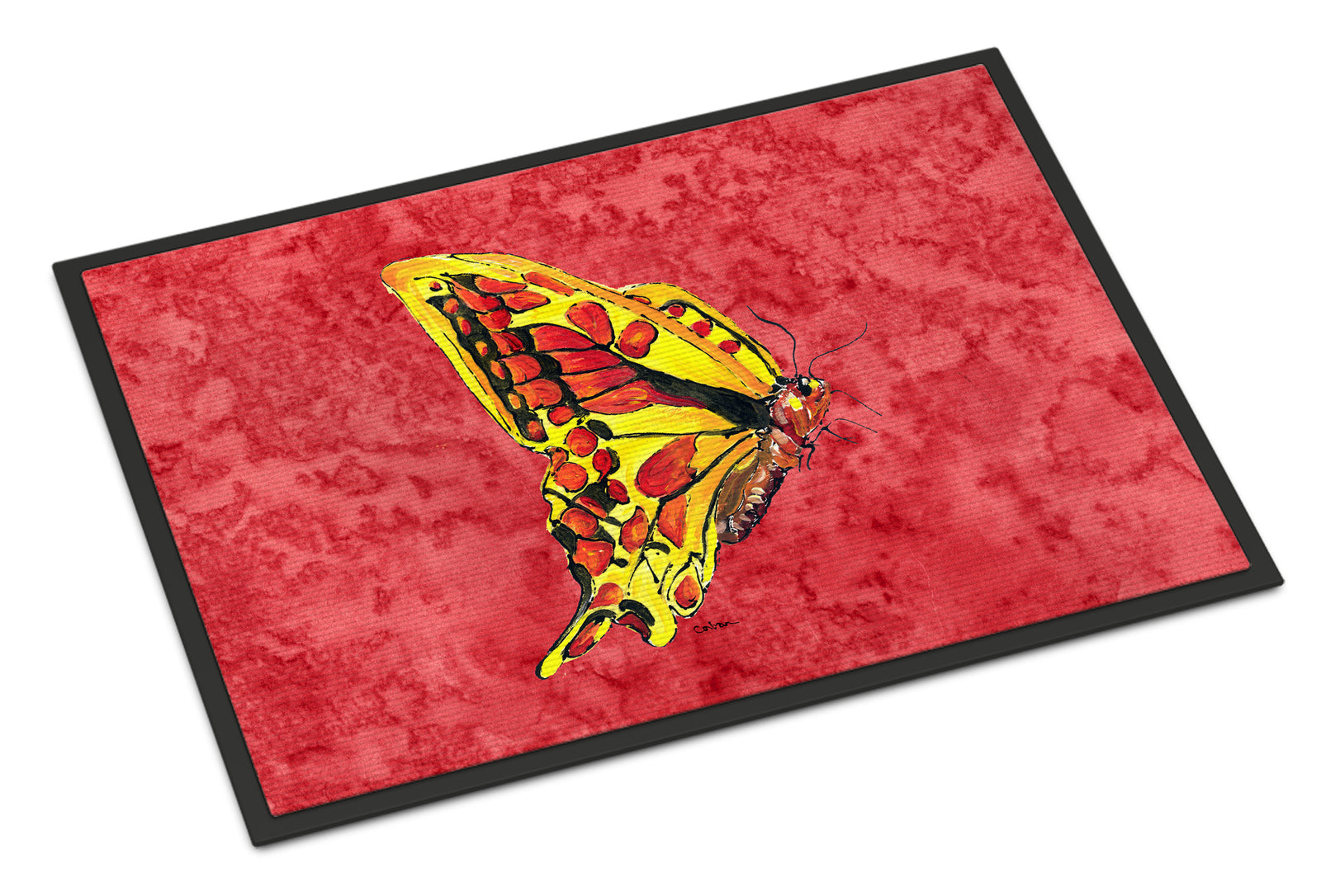 Caroline's Treasures Butterfly on Red Doormat - 24x36 Decorative Floor Mat – Indoor/Outdoor Rug