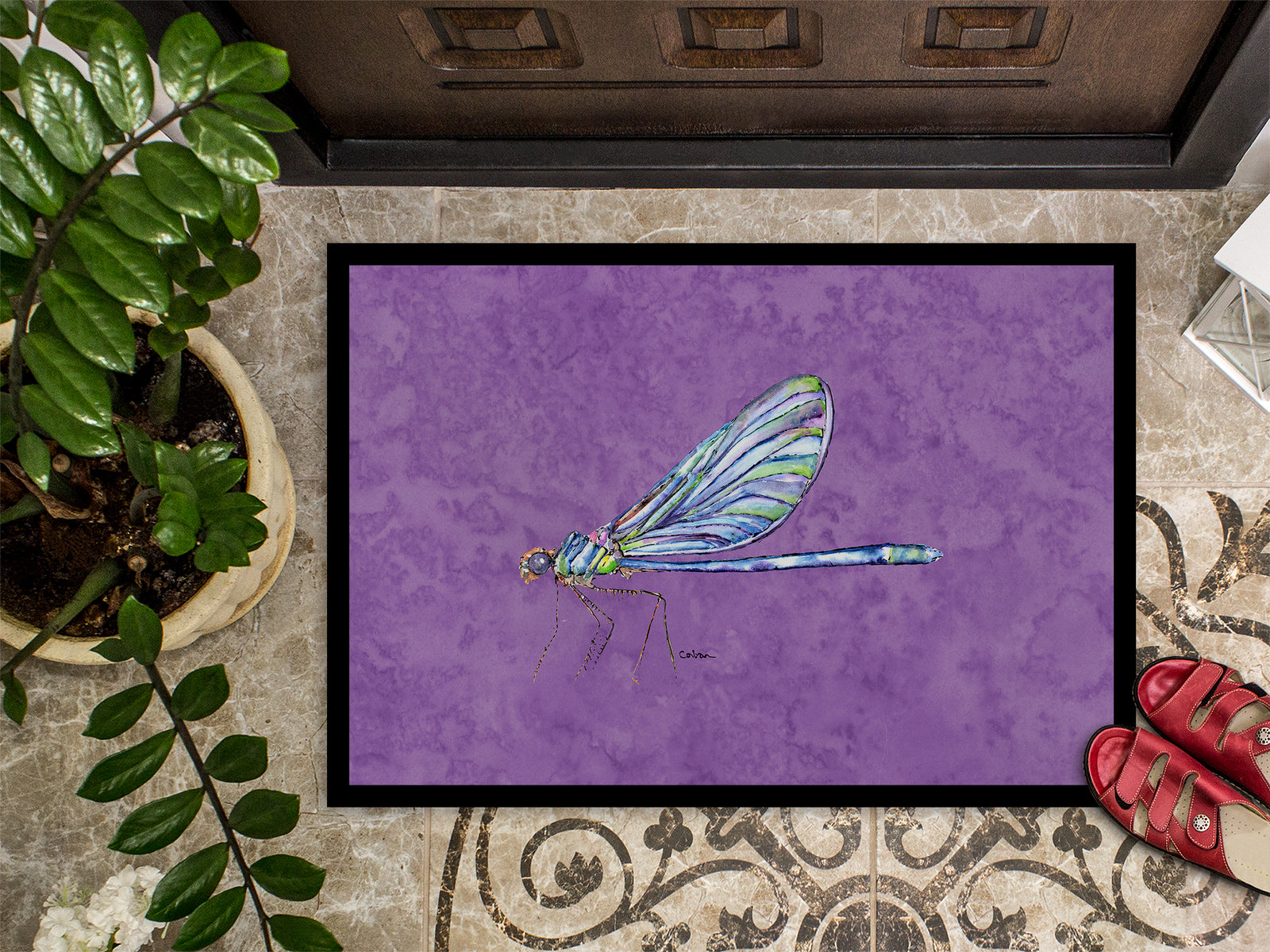 Caroline's Treasures Dragonfly on Purple Doormat - 24x36 Decorative Floor Mat – Indoor/Outdoor Rug