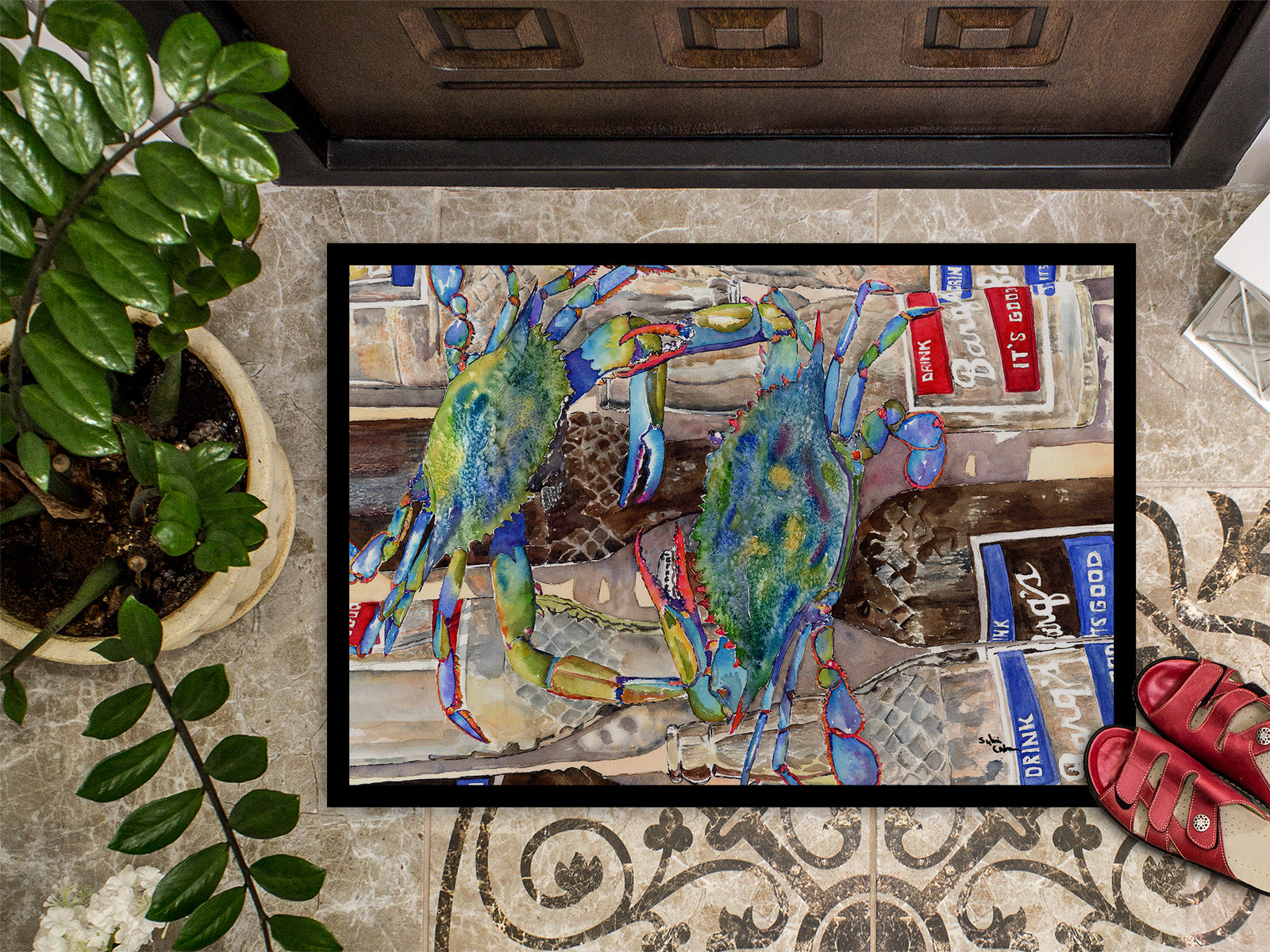 Caroline's Treasures Blue Crabby Bottles of Barqs Rootbeer Doormat - 24x36 Decorative Floor Mat – Indoor/Outdoor Rug