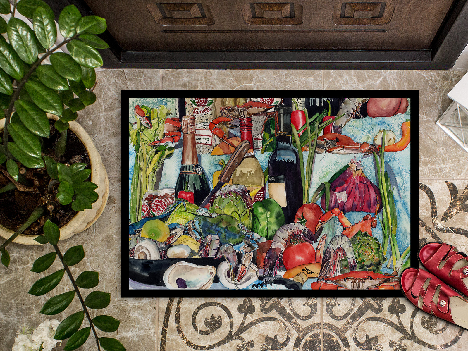 Caroline's Treasures Wine Crab Shrimp and Oysters Doormat - 24x36 Decorative Floor Mat – Indoor/Outdoor Rug