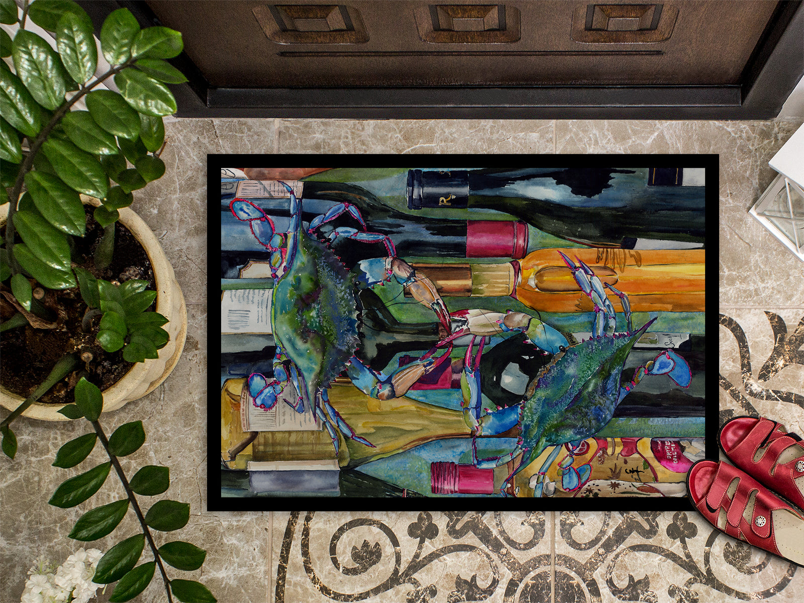 Caroline's Treasures Blue Crabby Wine Bottles Doormat - 24x36 Decorative Floor Mat – Indoor/Outdoor Rug