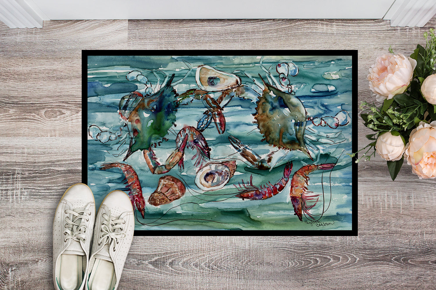 Caroline's Treasures Crabs, Shrimp and Oysters in Water Doormat - 24x36 Decorative Floor Mat – Indoor/Outdoor Rug