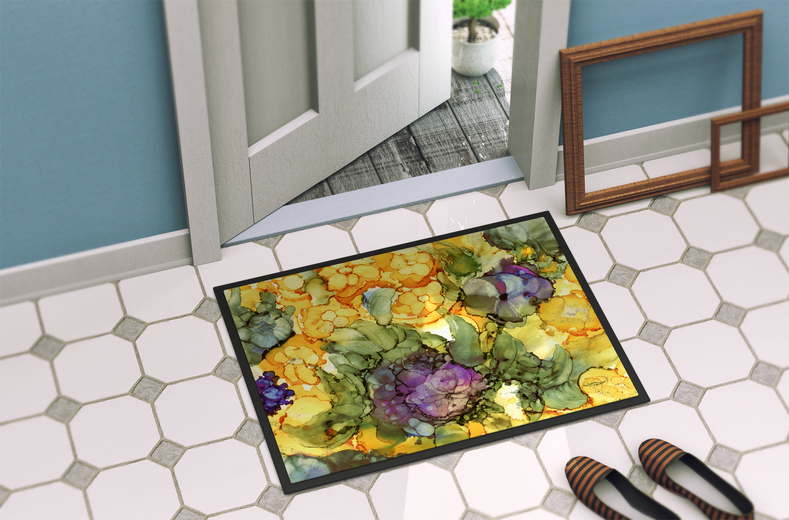 Caroline's Treasures Abstract Flowers Purple and Yellow Doormat - 24x36 Decorative Floor Mat – Indoor/Outdoor Rug