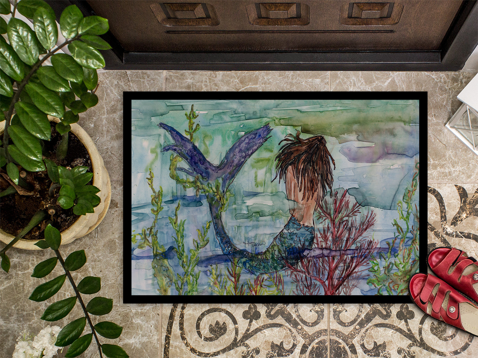 Caroline's Treasures Brunette Mermaid Coral Fantasy Doormat - 24x36 Decorative Floor Mat – Indoor/Outdoor Rug