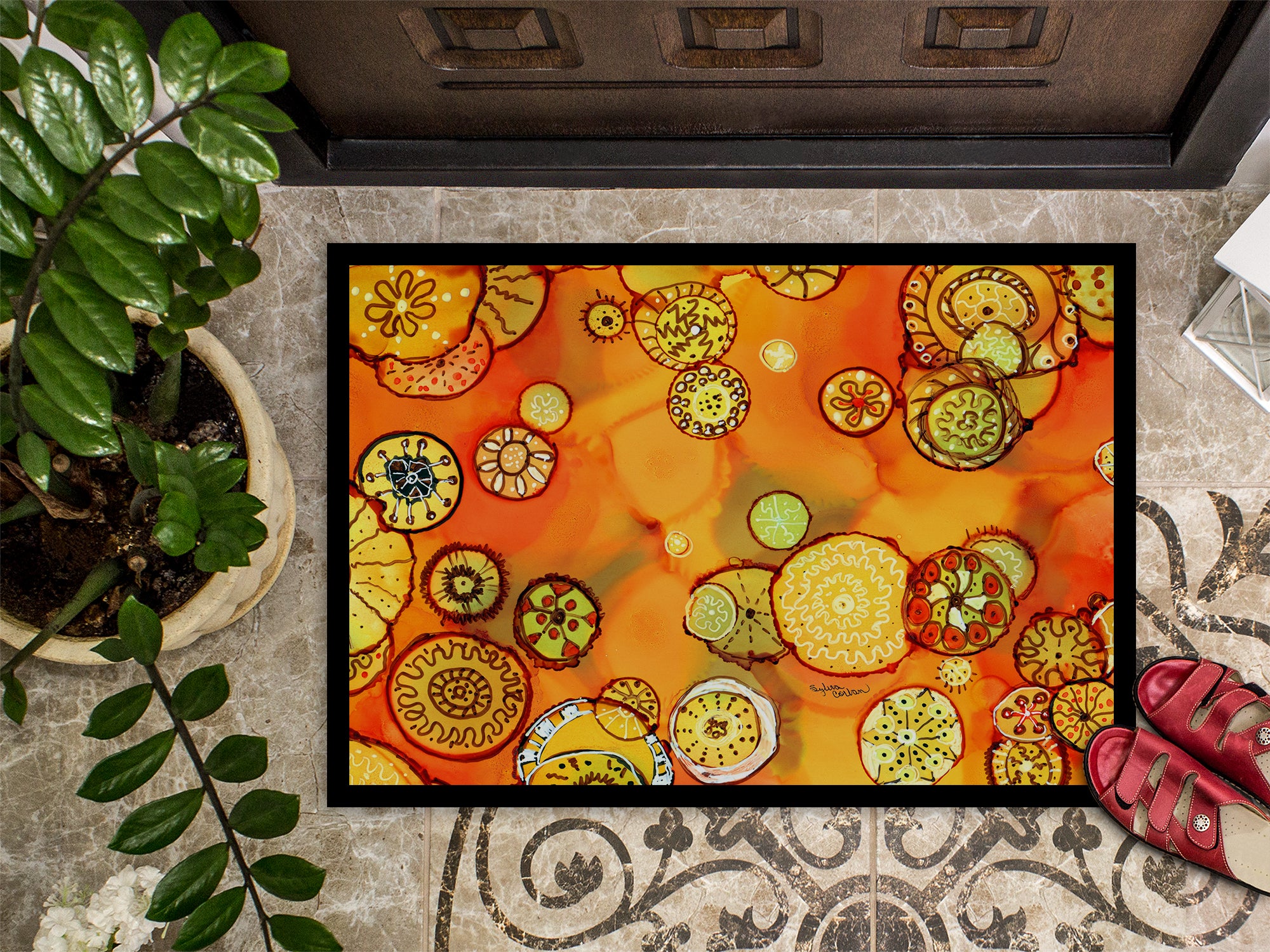 Caroline's Treasures Abstract Flowers in Oranges and Yellows Doormat - 24x36 Decorative Floor Mat – Indoor/Outdoor Rug