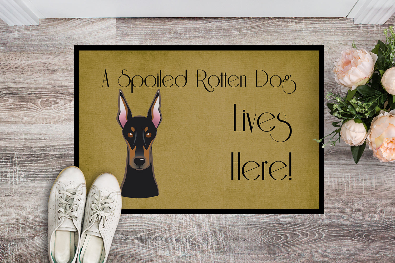 Caroline's Treasures Doberman Spoiled Dog Lives Here Doormat - 24x36 Decorative Floor Mat – Indoor/Outdoor Rug with Artistic Flair BB1493JMAT