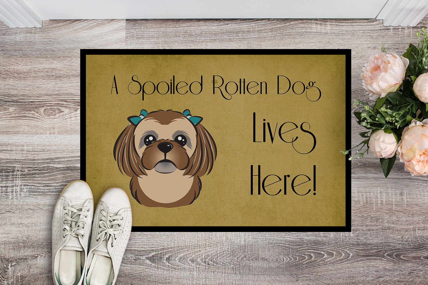 Caroline's Treasures Chocolate Brown Shih Tzu Spoiled Dog Lives Here Doormat - 24x36 Decorative Floor Mat – Indoor/Outdoor Rug with Artistic Flair BB1497JMAT