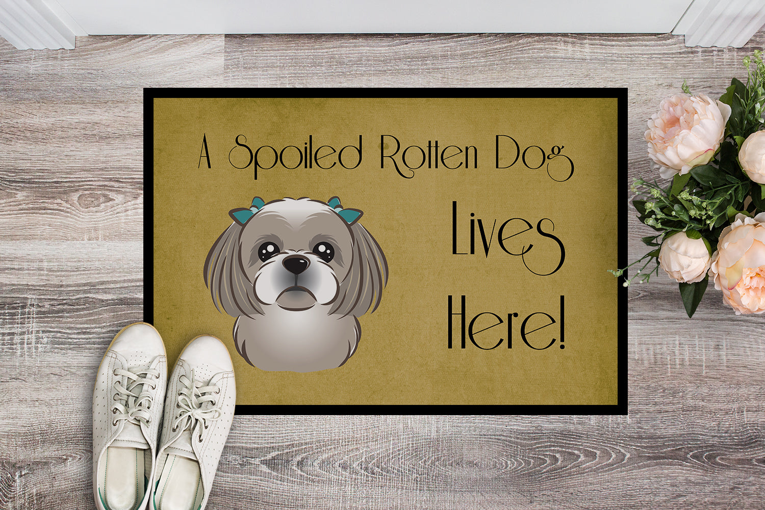 Caroline's Treasures Gray Silver Shih Tzu Spoiled Dog Lives Here Doormat - 24x36 Decorative Floor Mat – Indoor/Outdoor Rug with Artistic Flair BB1498JMAT