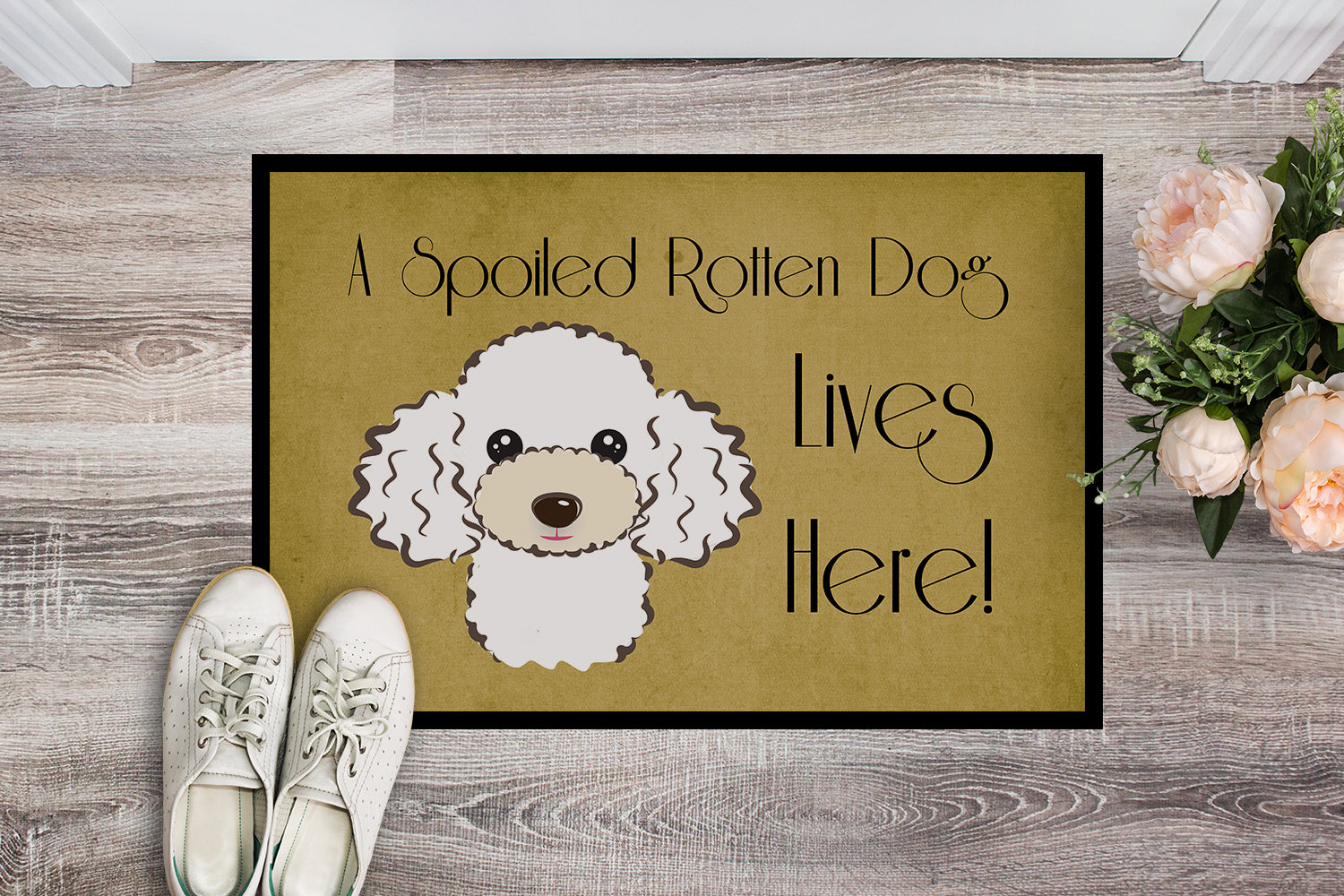 Caroline's Treasures White Poodle Spoiled Dog Lives Here Doormat - 24x36 Decorative Floor Mat – Indoor/Outdoor Rug with Artistic Flair BB1505JMAT