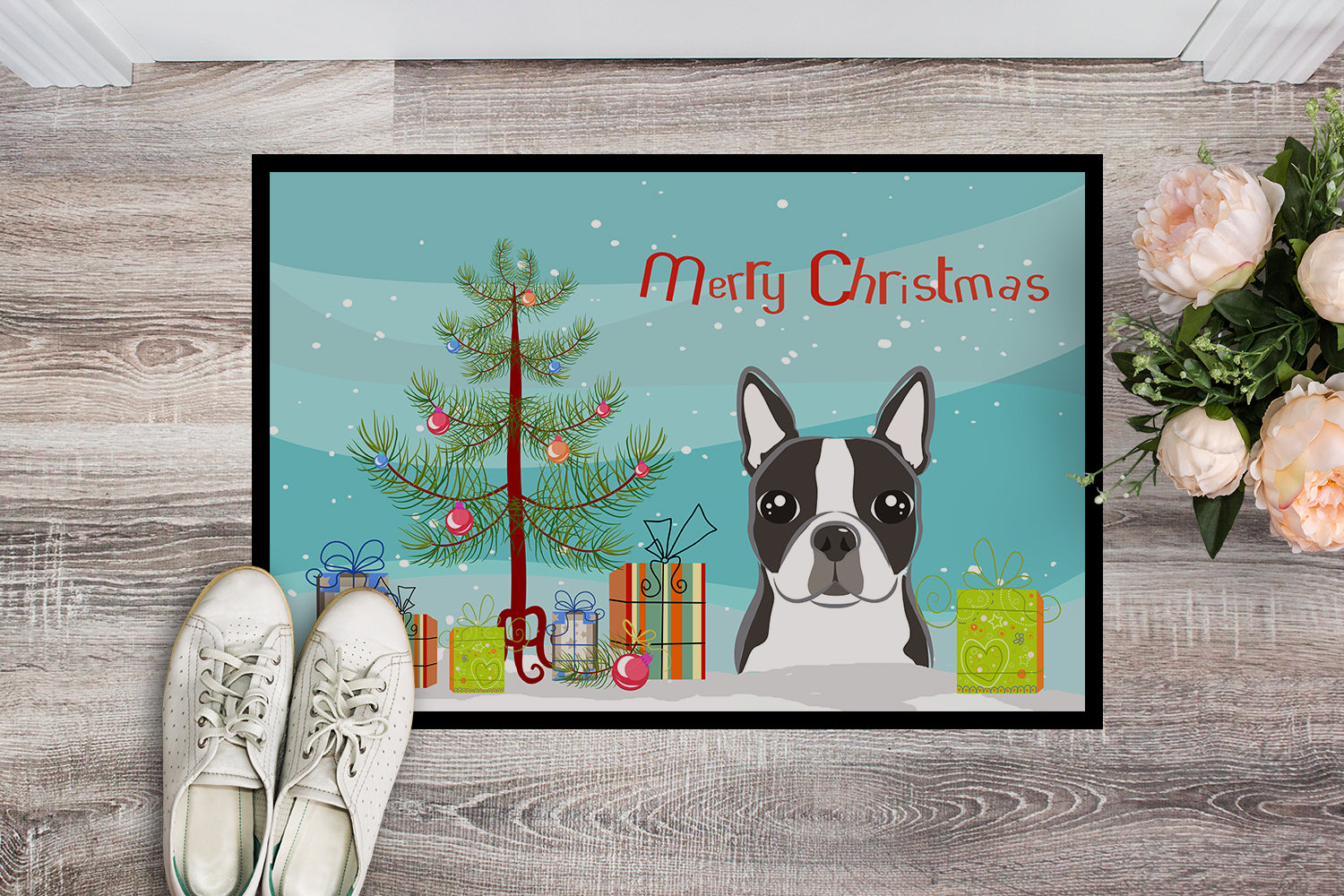 Caroline's Treasures Christmas Tree and Boston Terrier Doormat - 24x36 Decorative Floor Mat – Indoor/Outdoor Rug with Artistic Flair BB1575JMAT