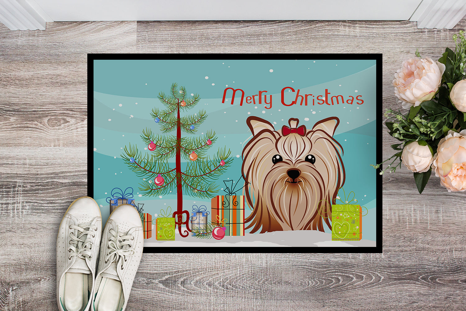 Caroline's Treasures Christmas Tree and Yorkie Yorkshire Terrier Doormat - 24x36 Decorative Floor Mat – Indoor/Outdoor Rug with Artistic Flair BB1576JMAT