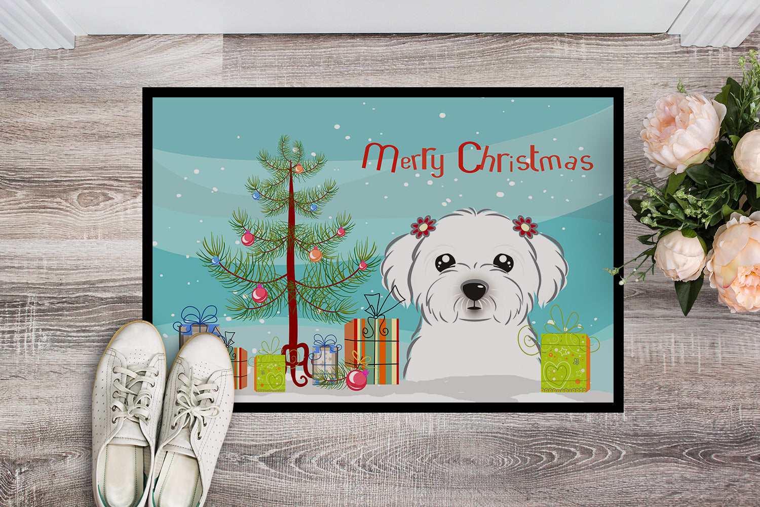Caroline's Treasures Christmas Tree and Maltese Doormat - 24x36 Decorative Floor Mat – Indoor/Outdoor Rug with Artistic Flair BB1580JMAT