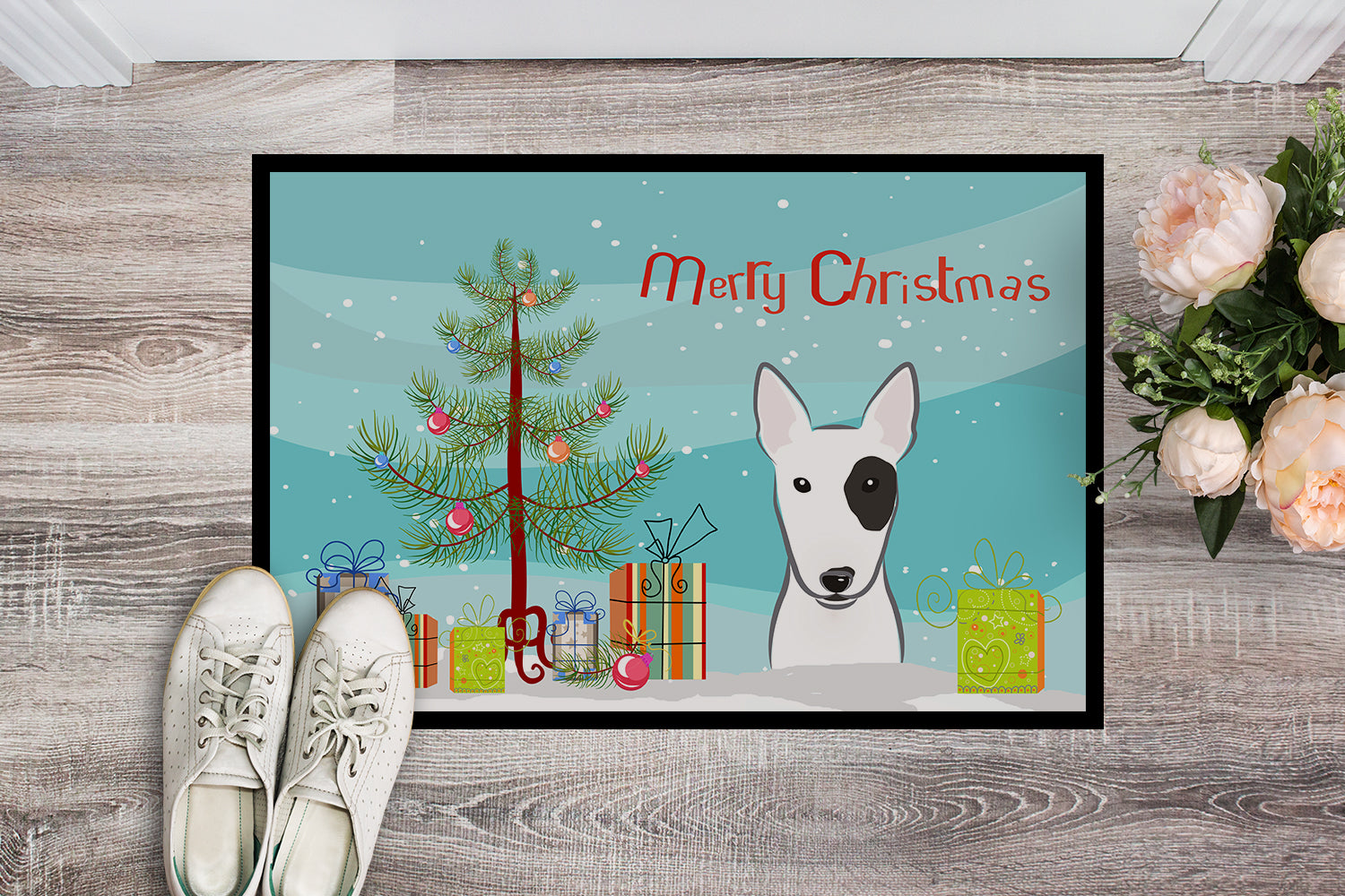 Caroline's Treasures Christmas Tree and Bull Terrier Doormat - 24x36 Decorative Floor Mat – Indoor/Outdoor Rug with Artistic Flair BB1581JMAT