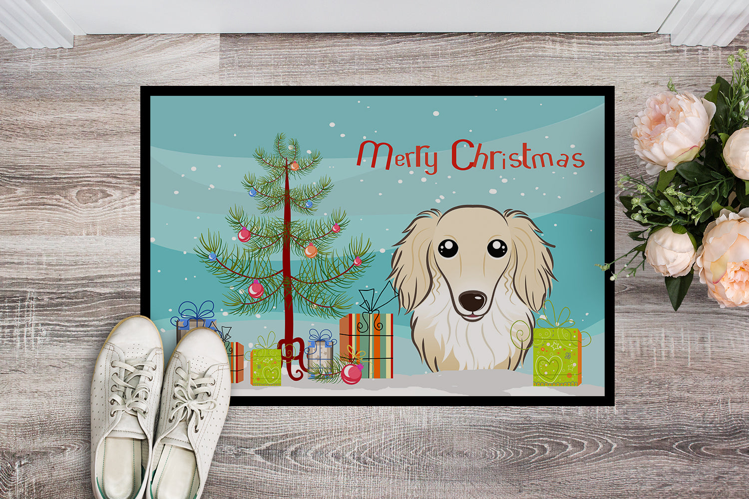 Caroline's Treasures Christmas Tree and Longhair Creme Dachshund Doormat - 24x36 Decorative Floor Mat – Indoor/Outdoor Rug with Artistic Flair BB1584JMAT