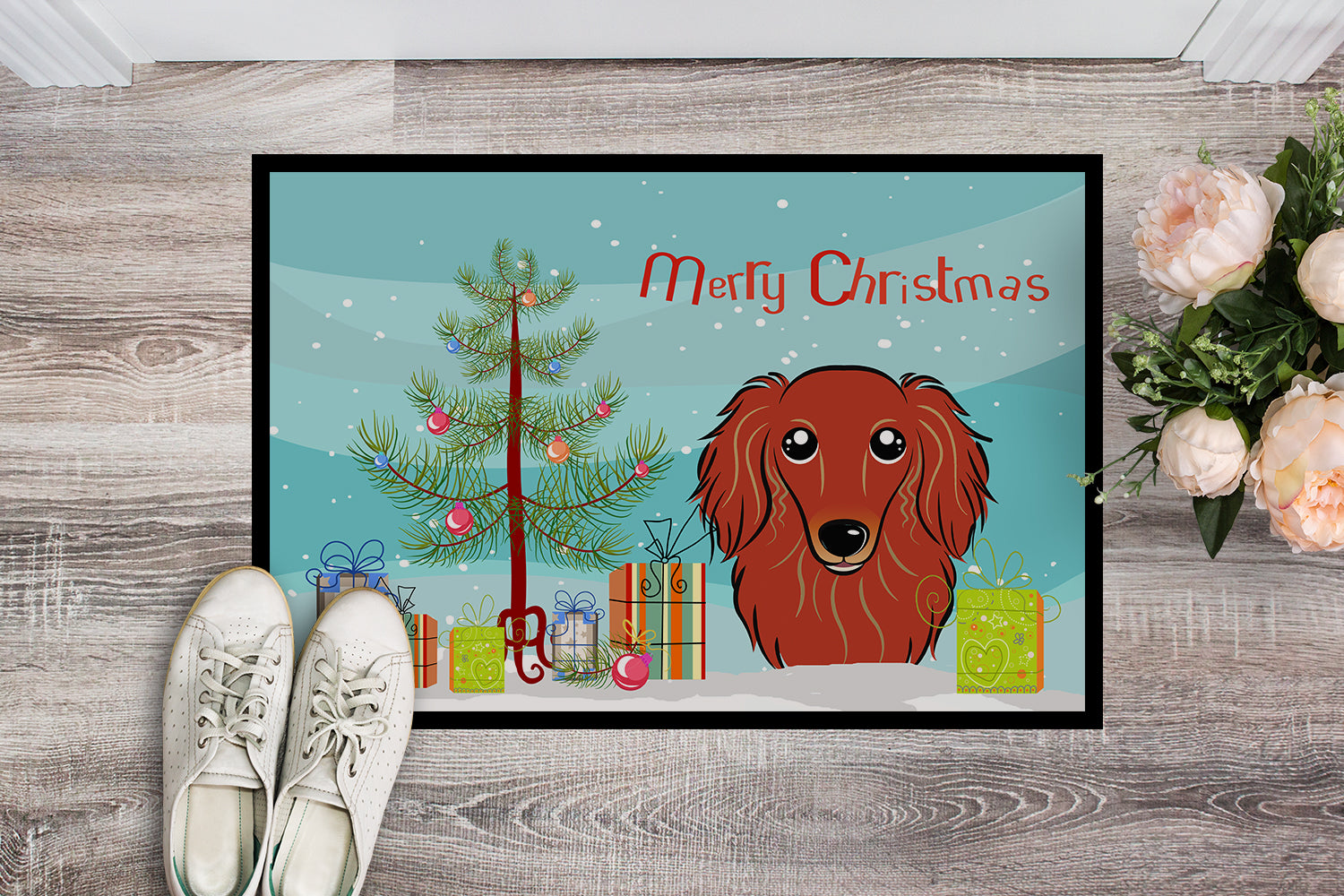 Caroline's Treasures Christmas Tree and Longhair Red Dachshund Doormat - 24x36 Decorative Floor Mat – Indoor/Outdoor Rug with Artistic Flair BB1586JMAT