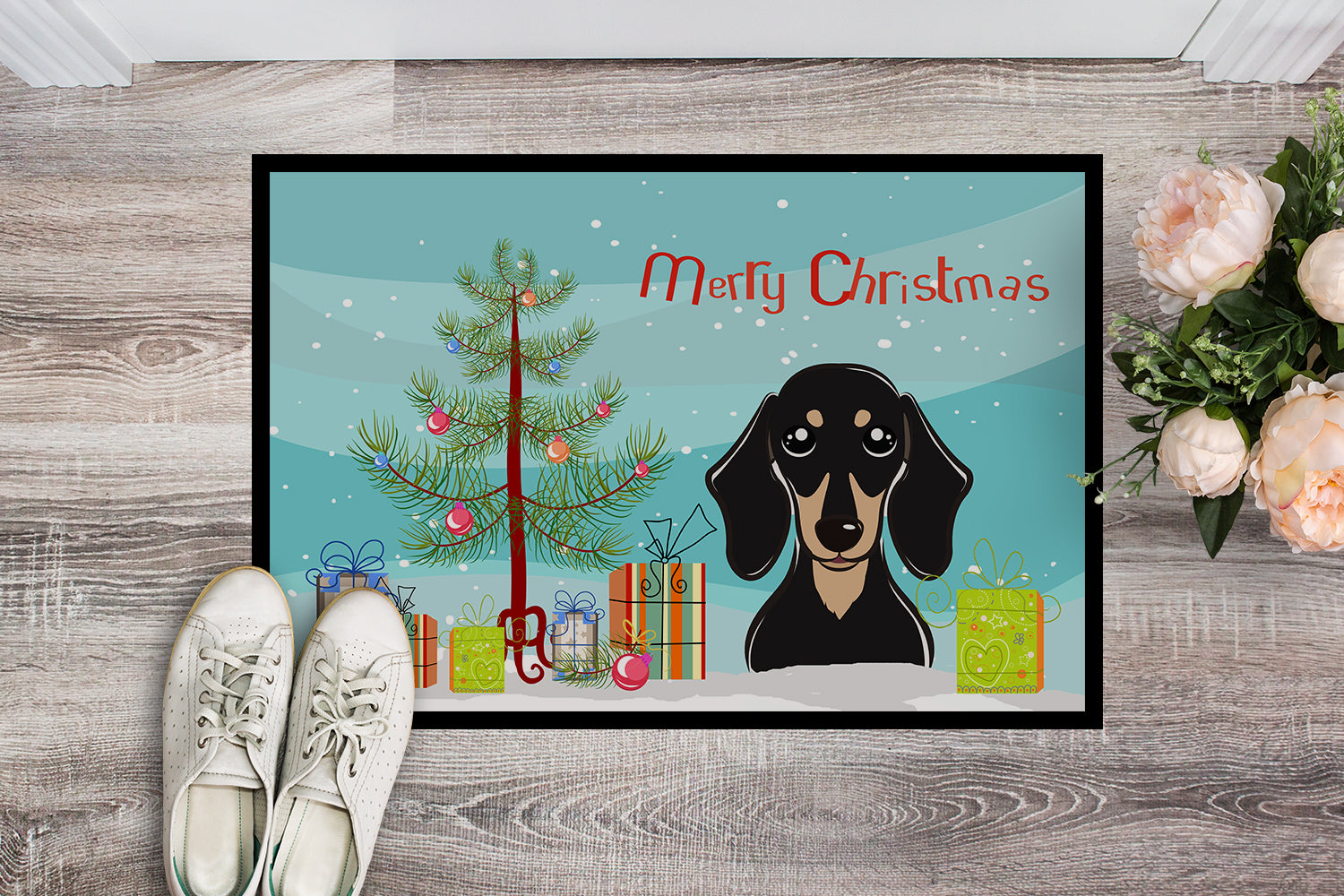 Caroline's Treasures Christmas Tree and Smooth Black and Tan Dachshund Doormat - 24x36 Decorative Floor Mat – Indoor/Outdoor Rug with Artistic Flair BB1587JMAT