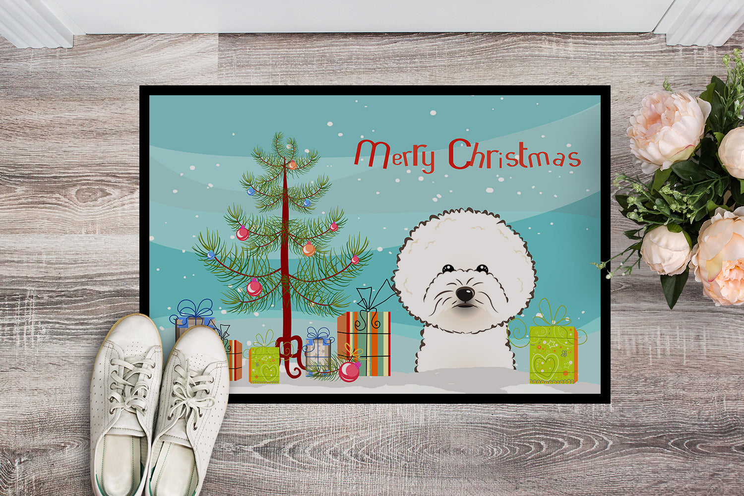 Caroline's Treasures Christmas Tree and Bichon Frise Doormat - 24x36 Decorative Floor Mat – Indoor/Outdoor Rug with Artistic Flair BB1589JMAT