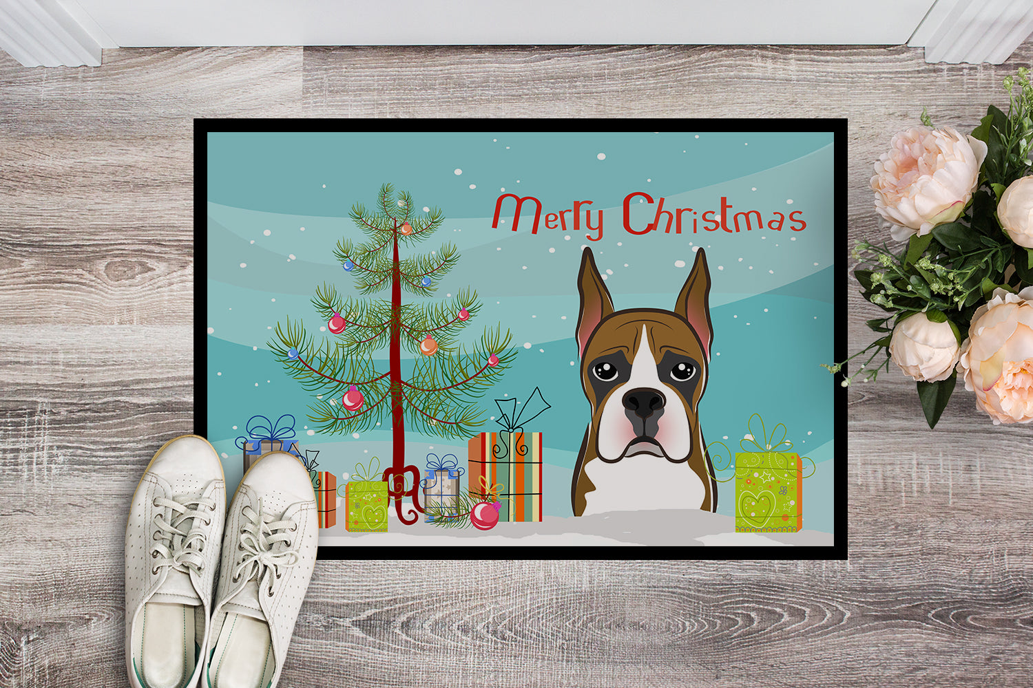 Caroline's Treasures Christmas Tree and Boxer Doormat - 24x36 Decorative Floor Mat – Indoor/Outdoor Rug with Artistic Flair BB1595JMAT