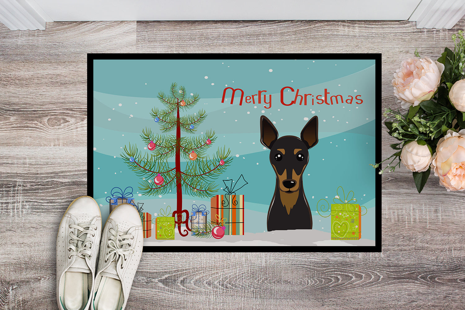 Caroline's Treasures Christmas Tree and Min Pin Doormat - 24x36 Decorative Floor Mat – Indoor/Outdoor Rug with Artistic Flair BB1612JMAT