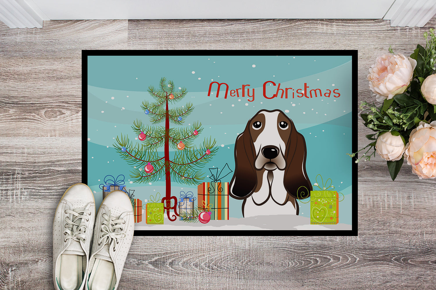 Caroline's Treasures Christmas Tree and Basset Hound Doormat - 24x36 Decorative Floor Mat – Indoor/Outdoor Rug with Artistic Flair BB1615JMAT