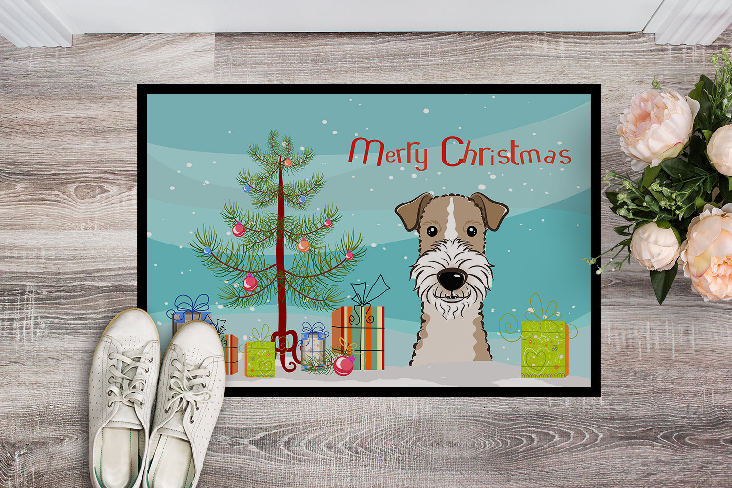Caroline's Treasures Christmas Tree and Wire Haired Fox Terrier Doormat - 24x36 Decorative Floor Mat – Indoor/Outdoor Rug with Artistic Flair BB1619JMAT