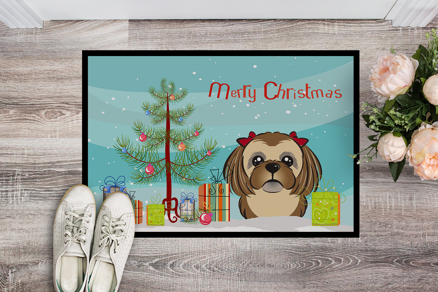 Caroline's Treasures Christmas Tree and Chocolate Brown Shih Tzu Doormat - 24x36 Decorative Floor Mat – Indoor/Outdoor Rug with Artistic Flair BB1621JMAT