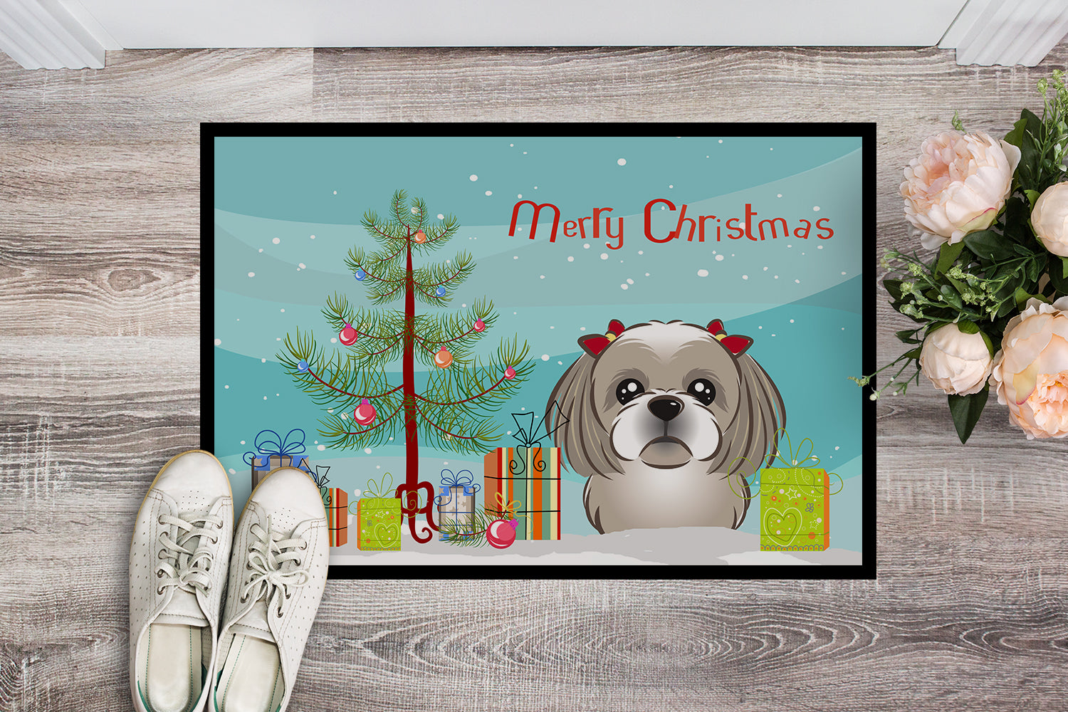 Caroline's Treasures Christmas Tree and Gray Silver Shih Tzu Doormat - 24x36 Decorative Floor Mat – Indoor/Outdoor Rug with Artistic Flair BB1622JMAT