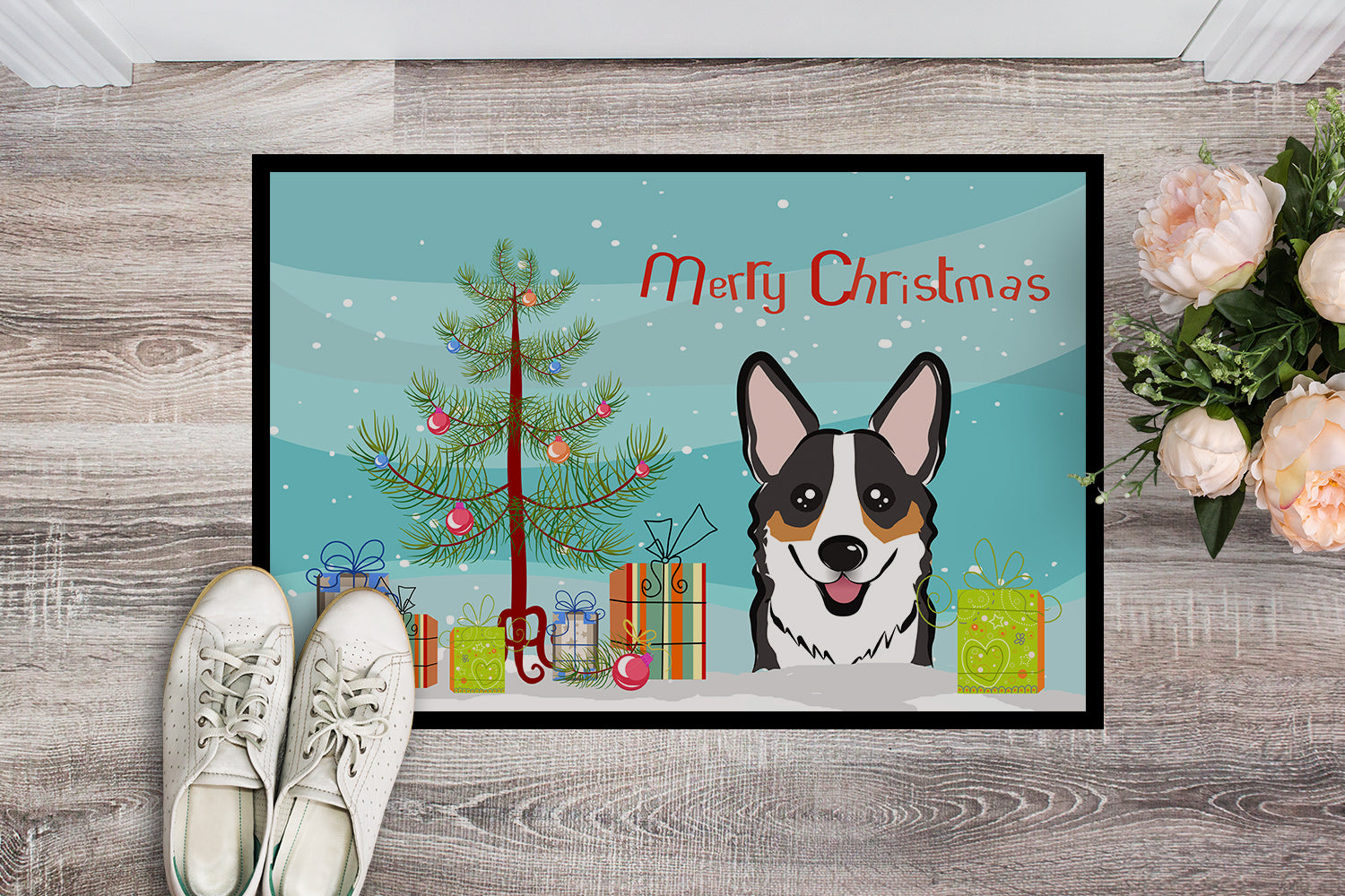 Caroline's Treasures Christmas Tree and Tricolor Corgi Doormat - 24x36 Decorative Floor Mat – Indoor/Outdoor Rug with Artistic Flair BB1627JMAT