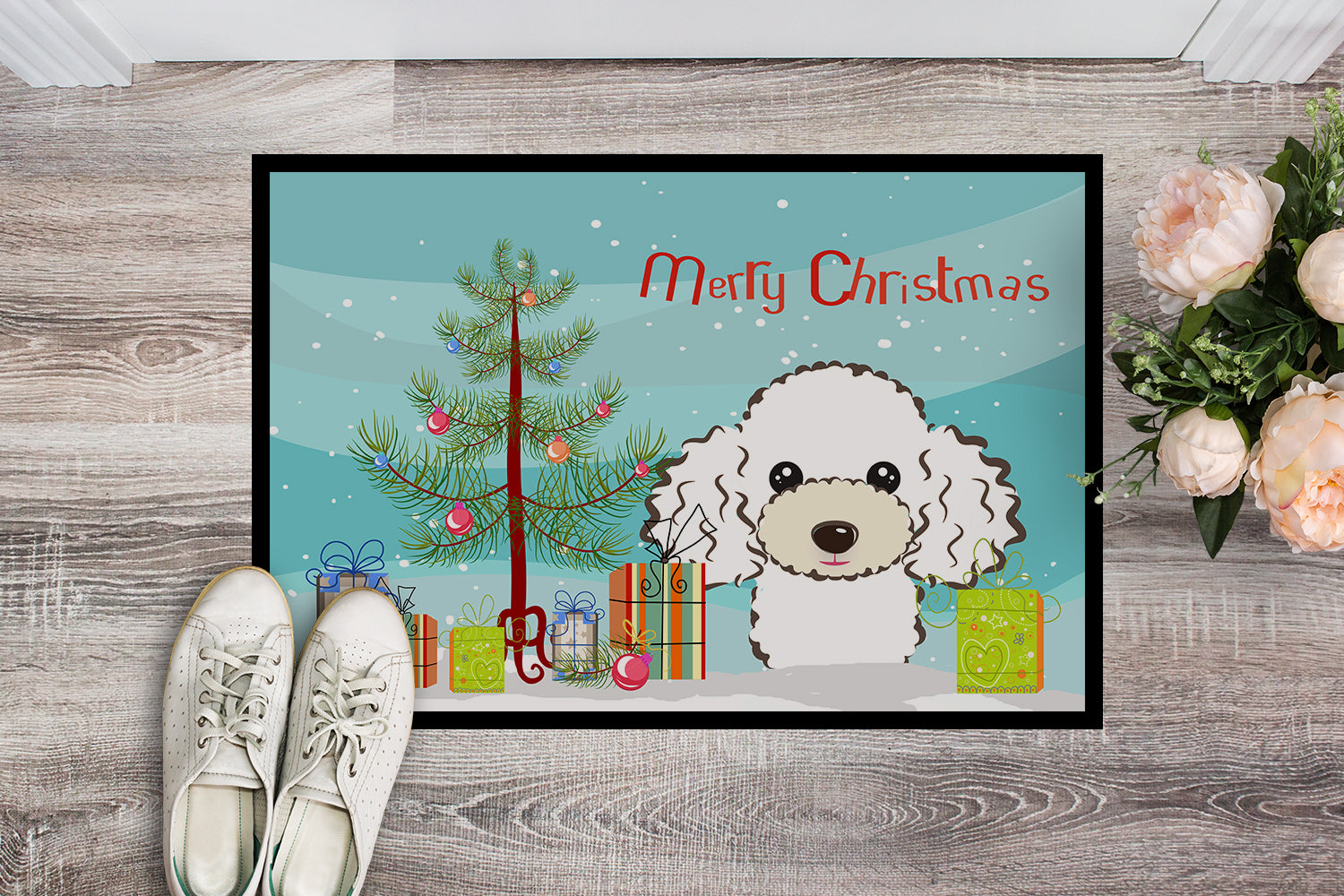 Caroline's Treasures Christmas Tree and White Poodle Doormat - 24x36 Decorative Floor Mat – Indoor/Outdoor Rug with Artistic Flair BB1629JMAT