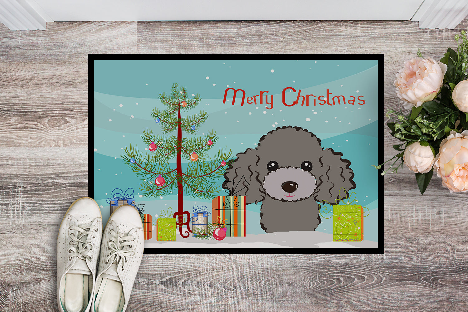 Caroline's Treasures Christmas Tree and Silver Gray Poodle Doormat - 24x36 Decorative Floor Mat – Indoor/Outdoor Rug with Artistic Flair BB1631JMAT