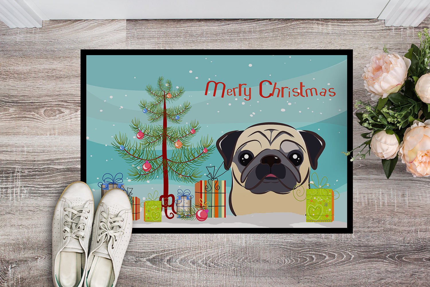 Caroline's Treasures Christmas Tree and Fawn Pug Doormat - 24x36 Decorative Floor Mat – Indoor/Outdoor Rug with Artistic Flair BB1634JMAT