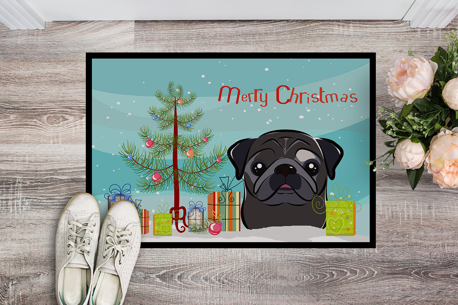 Caroline's Treasures Christmas Tree and Black Pug Doormat - 24x36 Decorative Floor Mat – Indoor/Outdoor Rug with Artistic Flair BB1635JMAT