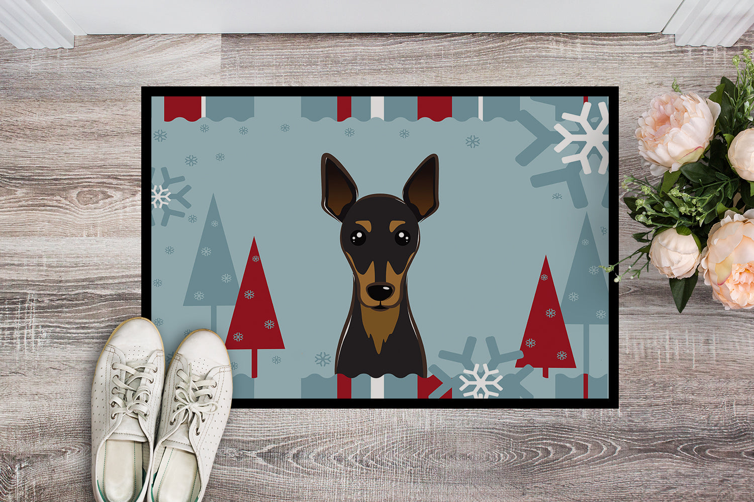 Caroline's Treasures Winter Holiday Min Pin Doormat - 24x36 Decorative Floor Mat – Indoor/Outdoor Rug with Artistic Flair BB1736JMAT