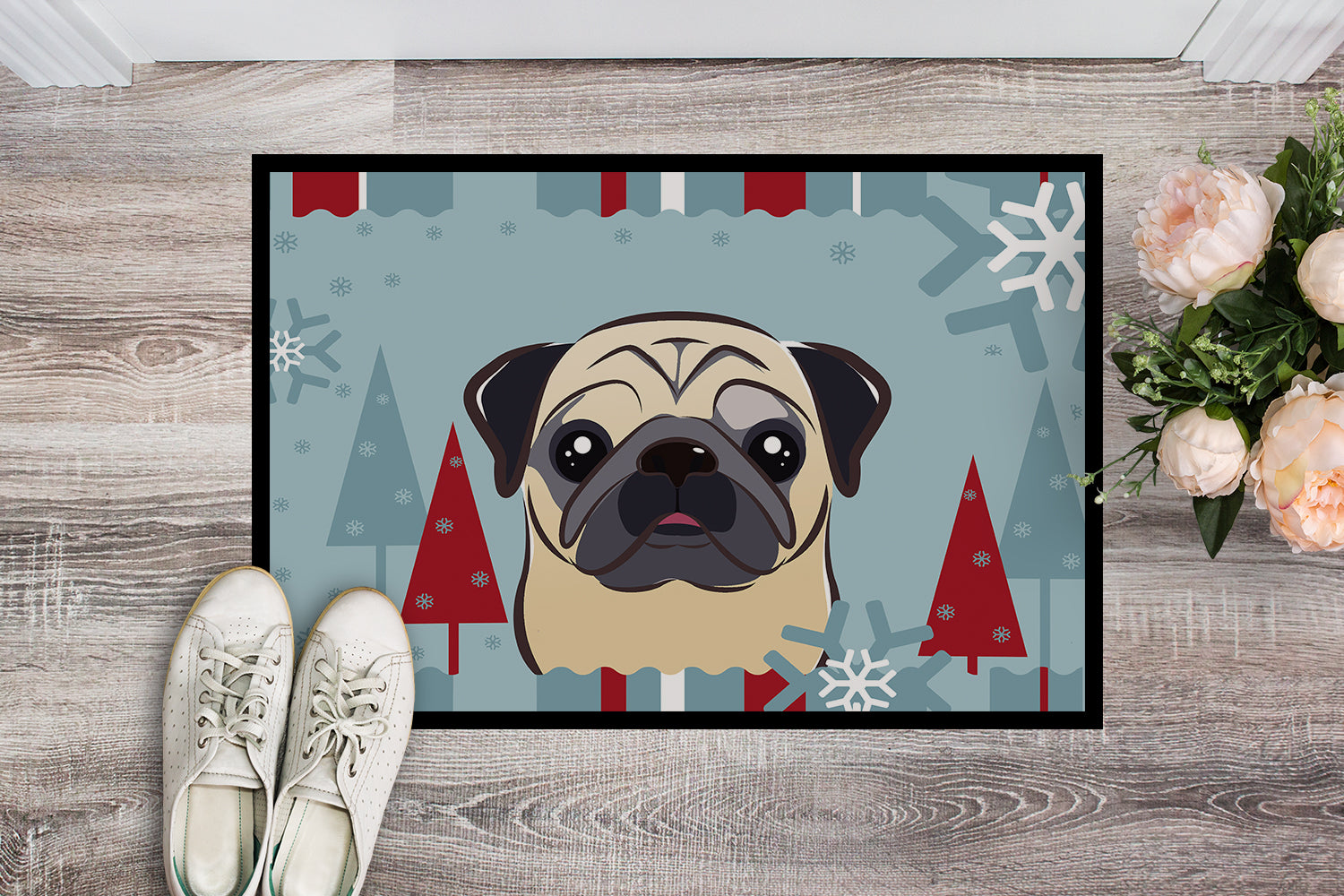 Caroline's Treasures Winter Holiday Fawn Pug Doormat - 24x36 Decorative Floor Mat – Indoor/Outdoor Rug with Artistic Flair BB1758JMAT
