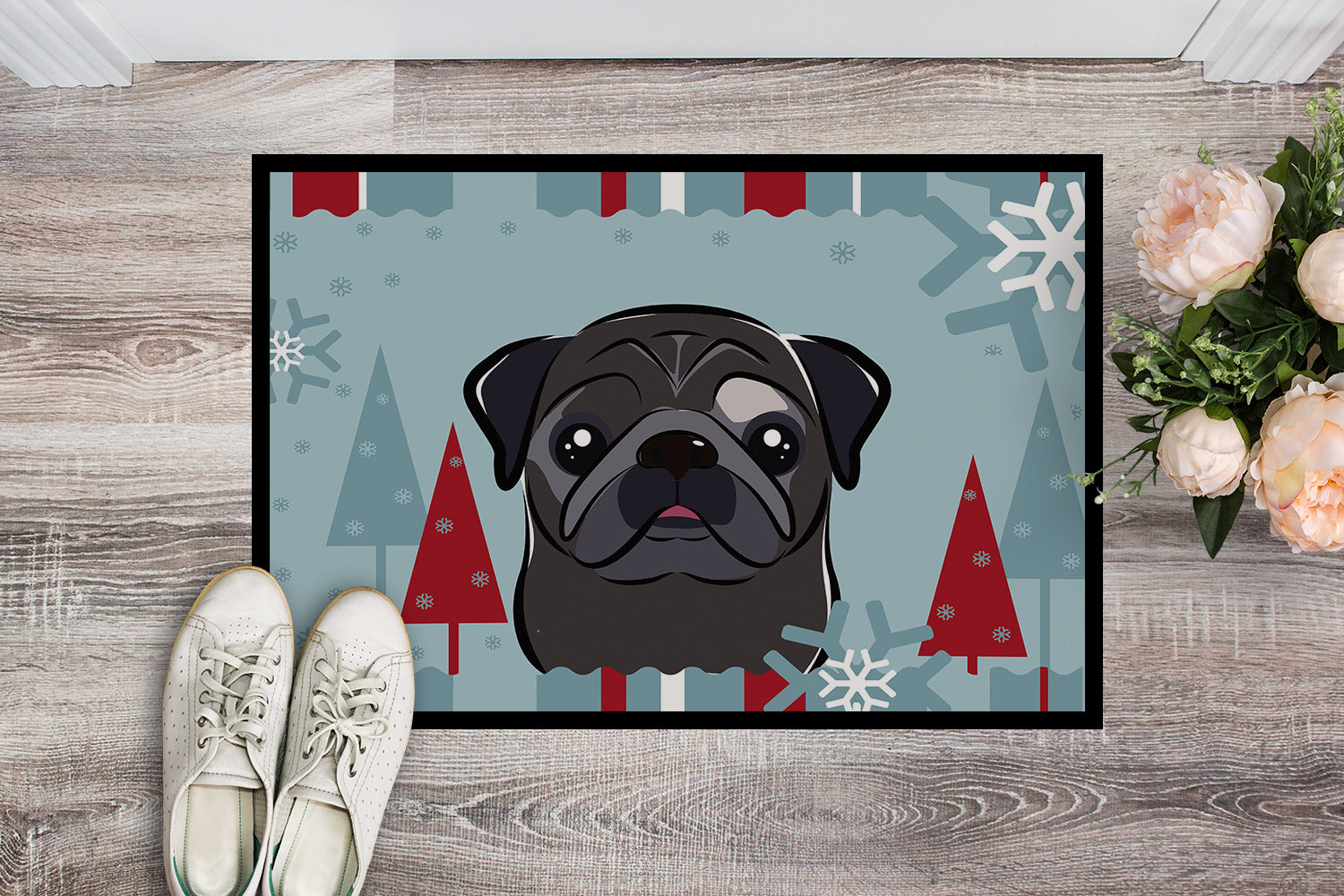 Caroline's Treasures Winter Holiday Black Pug Doormat - 24x36 Decorative Floor Mat – Indoor/Outdoor Rug with Artistic Flair BB1759JMAT