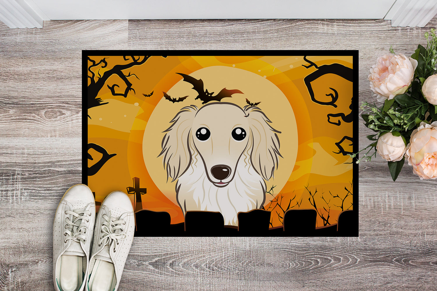 Caroline's Treasures Halloween Longhair Creme Dachshund Doormat - 24x36 Decorative Floor Mat – Indoor/Outdoor Rug with Artistic Flair BB1770JMAT