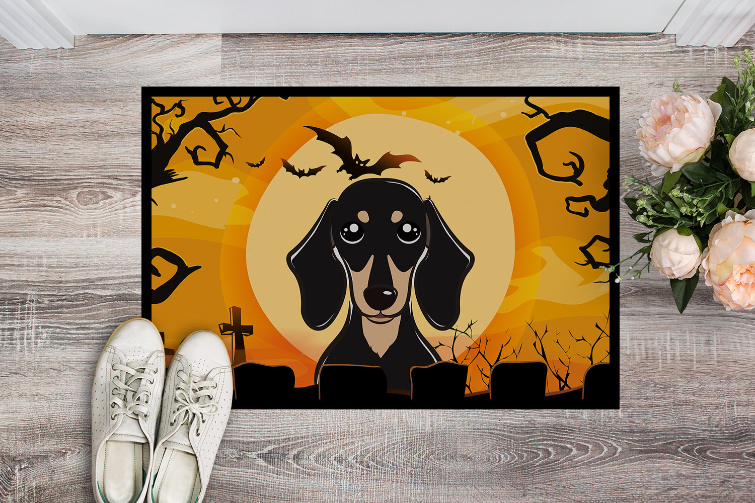 Caroline's Treasures Halloween Smooth Black and Tan Dachshund Doormat - 24x36 Decorative Floor Mat – Indoor/Outdoor Rug with Artistic Flair BB1773JMAT