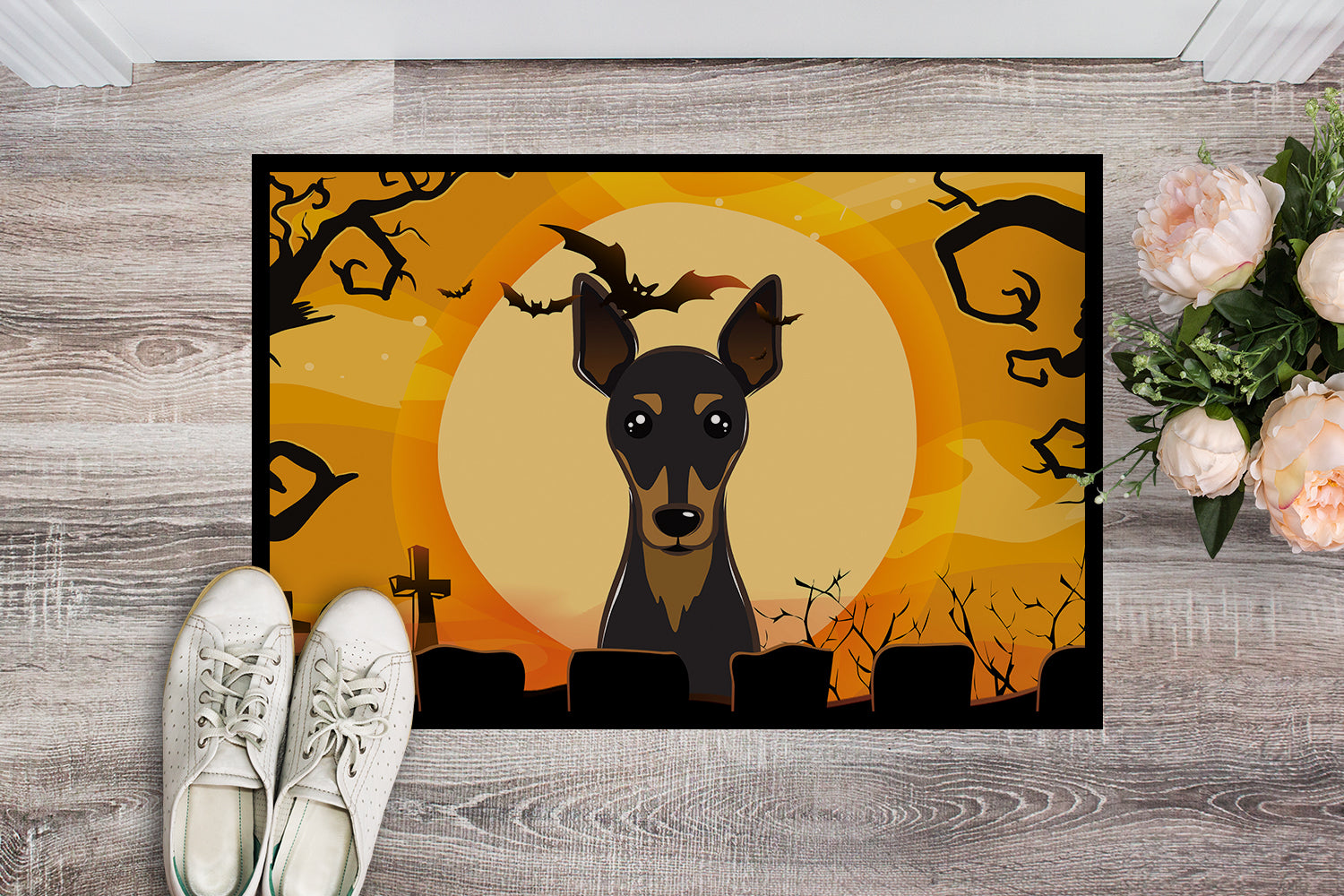 Caroline's Treasures Halloween Min Pin Doormat - 24x36 Decorative Floor Mat – Indoor/Outdoor Rug with Artistic Flair BB1798JMAT
