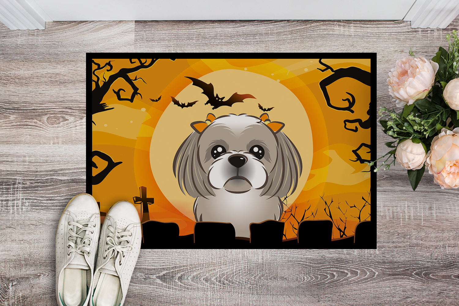 Caroline's Treasures Halloween Gray Silver Shih Tzu Doormat - 24x36 Decorative Floor Mat – Indoor/Outdoor Rug with Artistic Flair BB1808JMAT
