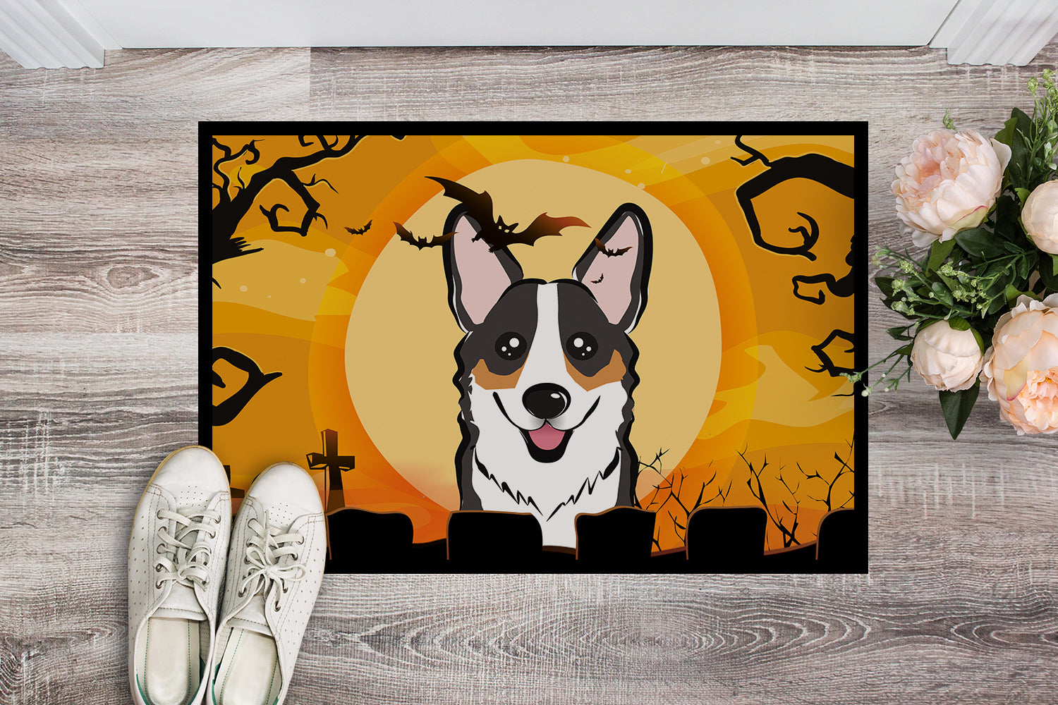 Caroline's Treasures Halloween Tricolor Corgi Doormat - 24x36 Decorative Floor Mat – Indoor/Outdoor Rug with Artistic Flair BB1813JMAT