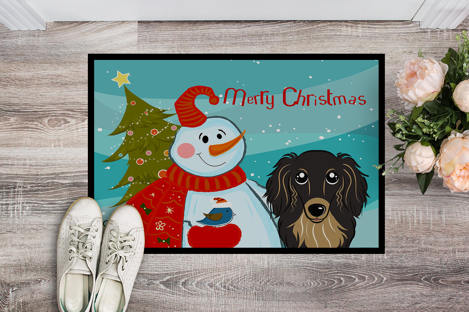 Caroline's Treasures Snowman with Longhair Black and Tan Dachshund Doormat - 24x36 Decorative Floor Mat – Indoor/Outdoor Rug with Artistic Flair BB1833JMAT