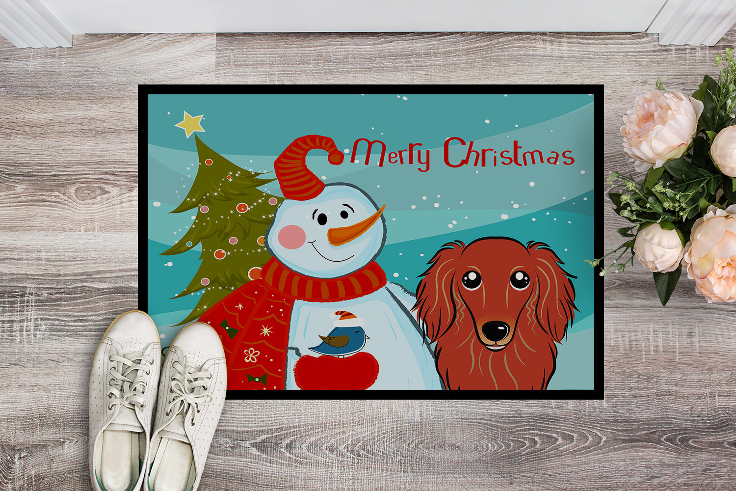 Caroline's Treasures Snowman with Longhair Red Dachshund Doormat - 24x36 Decorative Floor Mat – Indoor/Outdoor Rug with Artistic Flair BB1834JMAT