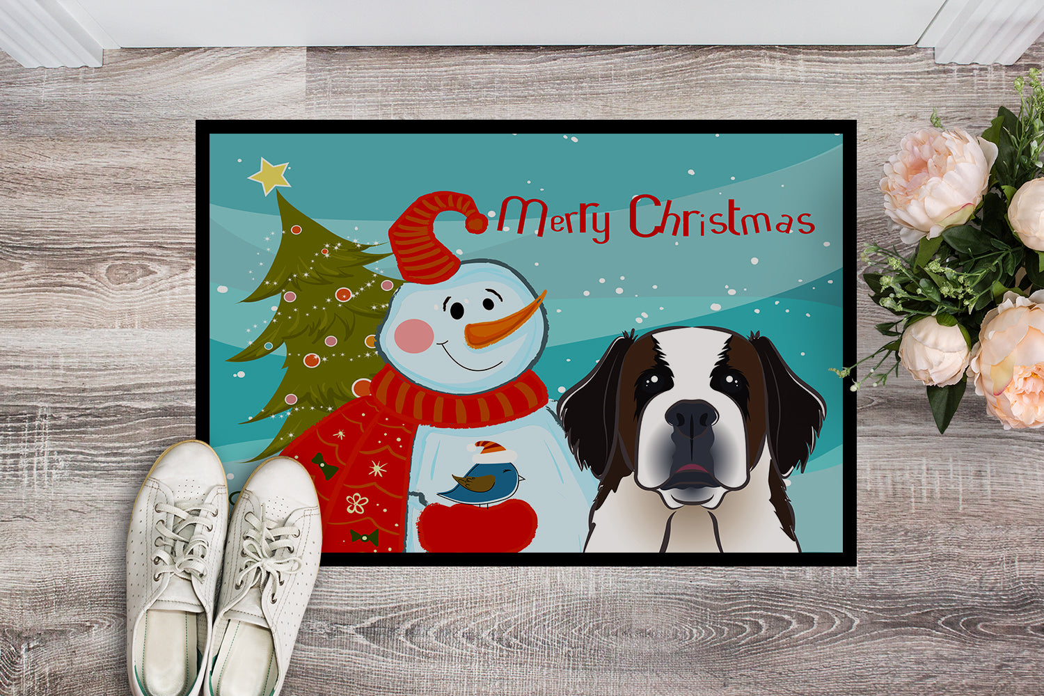 Caroline's Treasures Snowman with Saint Bernard Doormat - 24x36 Decorative Floor Mat – Indoor/Outdoor Rug with Artistic Flair BB1866JMAT