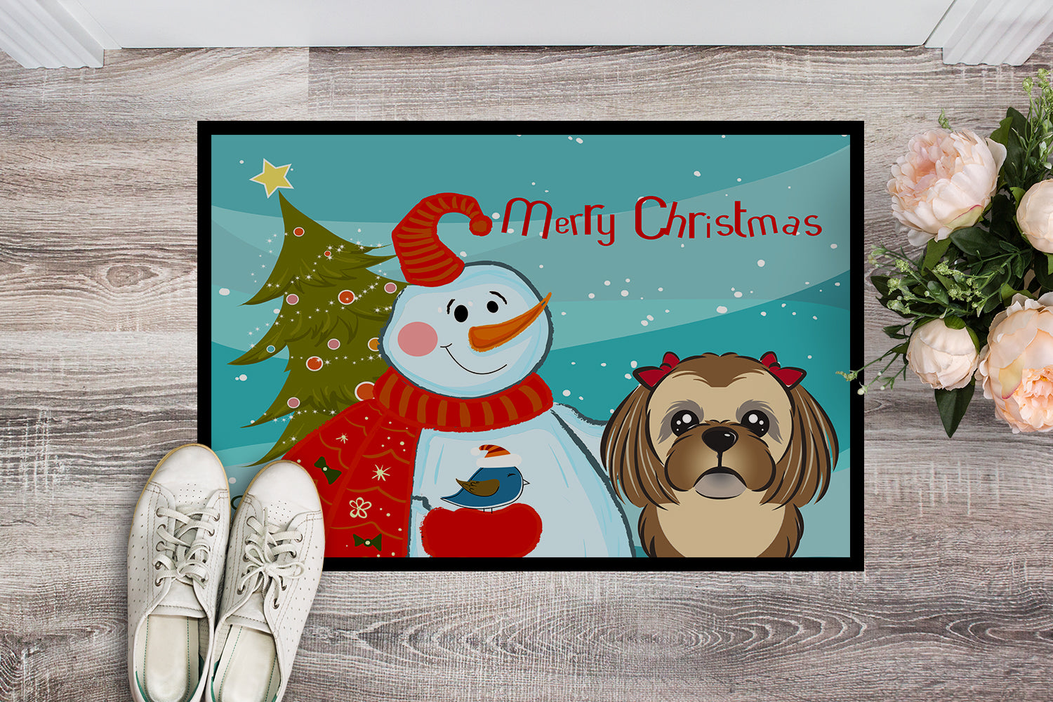 Caroline's Treasures Snowman with Chocolate Brown Shih Tzu Doormat - 24x36 Decorative Floor Mat – Indoor/Outdoor Rug with Artistic Flair BB1869JMAT
